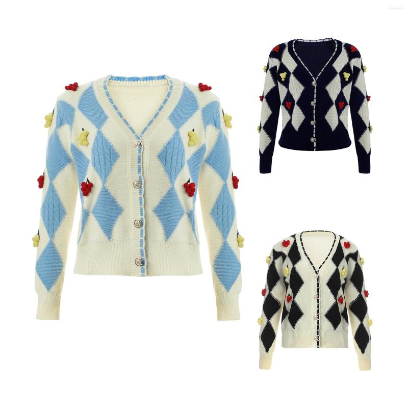 Women's Knits Women Color Block Sweater Button-down Argyle Pattern Long Sleeve V-neck Knit Cardigan With Three-dimensional Decorations, Black
Women's Knits Women Color Block Sweater Button-down Argyle Pattern Long Sleeve V-neck Knit Cardigan With Three-dimensional Decorations, Black