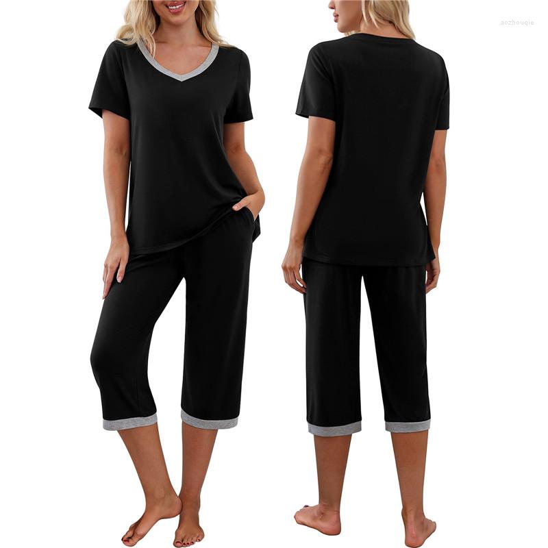 Women' Two Piece Pants Women' Pajama Set Short Sleeve V Neck T-shirt And Capri Sleepwear Contrast Color/Floral/Leopard Lounge Suits
Women' Two Piece Pants Women' Pajama Set Short Sleeve V Neck T-shirt And Capri Sleepwear Contrast Color/Floral/Leopard Lounge Suits