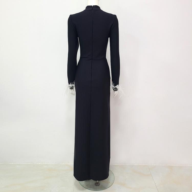 ostrich women lady black maxi long dresses style design long sleeve spring autumn outfits dress YS5223