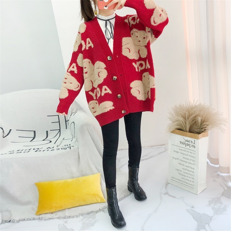 Women's Knits Tees Autumn Winter Knitted Female Cardigan Loose Streetwear Knit Sweater Coat Cute Cartoon Print VNeck Cardigan Women Jacket 221007