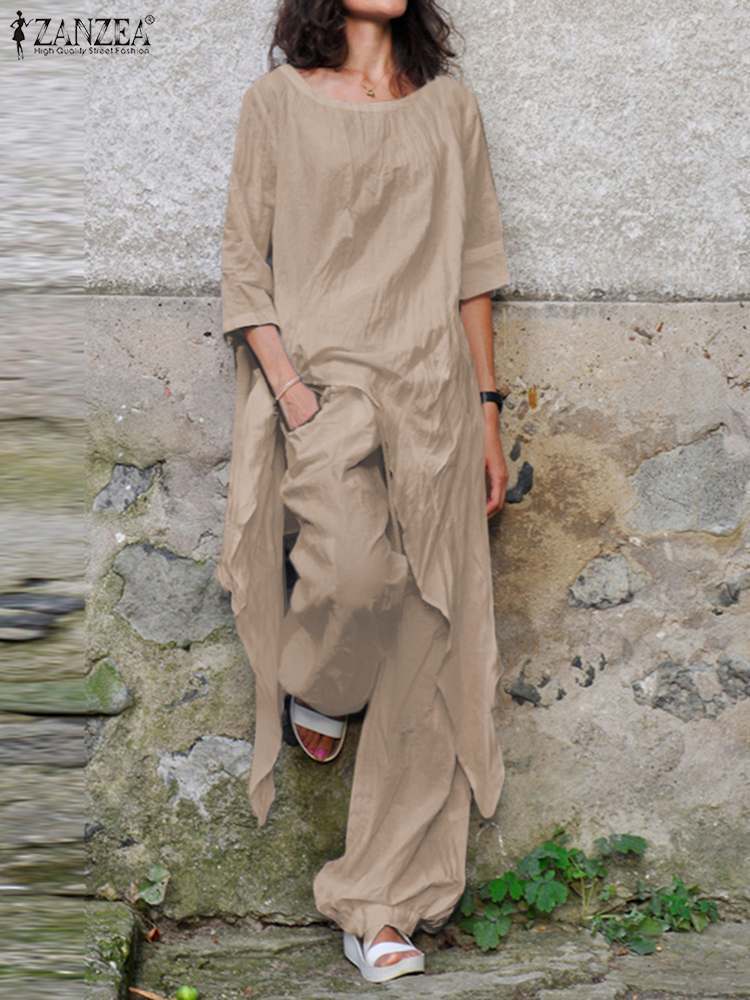 Women's Two Piece Pants Two Piece Sets Women Tracksuit ZANZEA Fashion Summer Matching Sets 2PCS Casual 3/4 Sleeve Irregular Blouse Suits Urban Ou
