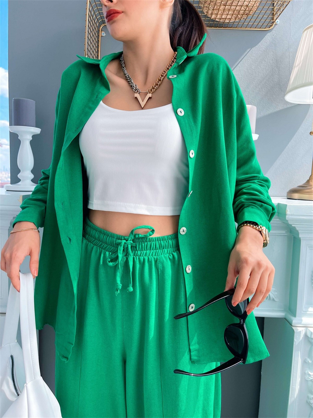 Women's Two Piece Pants spring and summer European and American casual suits solid color lapel long-sleeved shirt top harem pants two-piece set 2