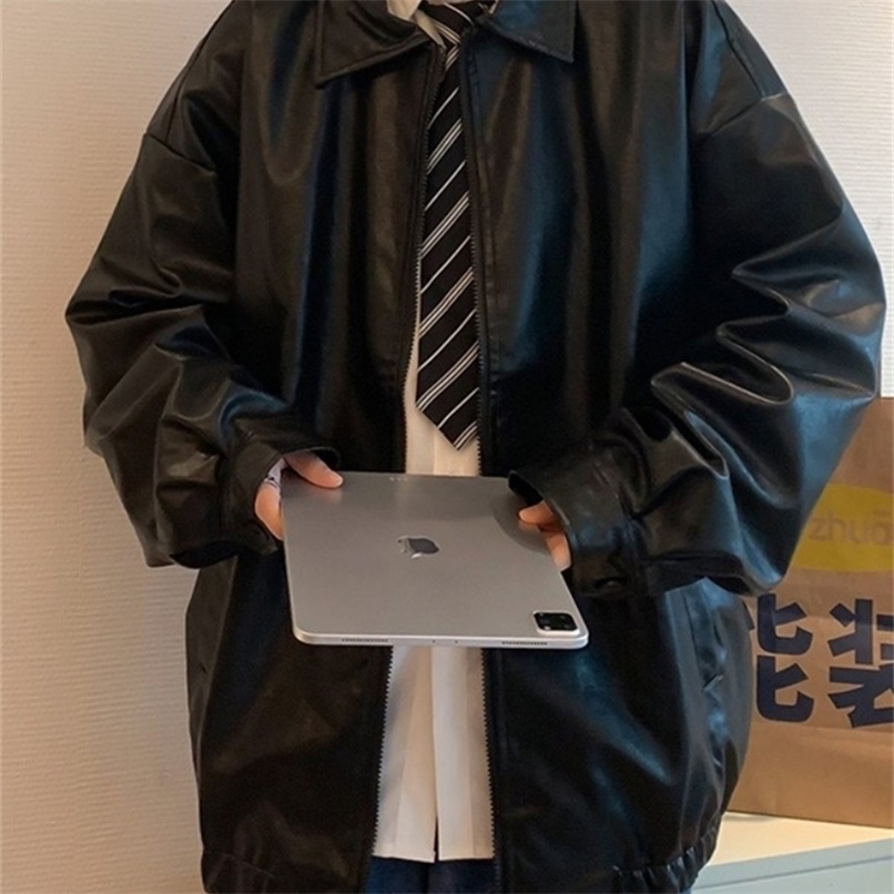 Men's Leather Faux Gmiixder Handsome PU Jacket Trend High Street Autumn and Winter Loose All-match Teen Solid Lapel Coat Men 221006