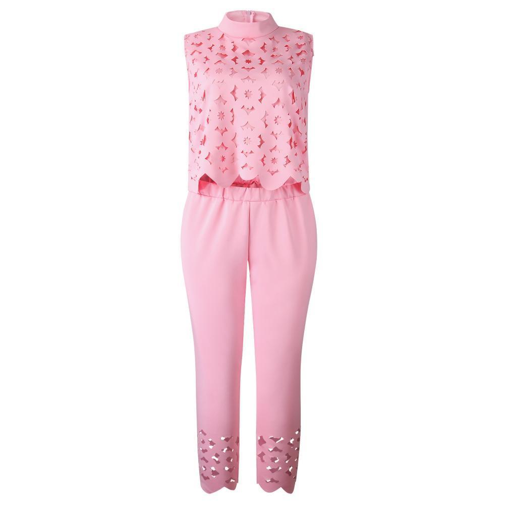 Women's Two Piece Pants Solid Color Two Piece Set Women Pant Suits Sexy Hollow Lace Sleeveless Pullovers Crop Top Long Pants Women Outfit Tracksu