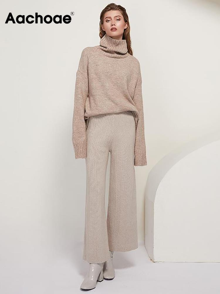 Women's Knits Tees Aachoae Autumn Winter Women Knitted Turtleneck Wool Sweaters Casual Basic Pullover Jumper Batwing Long Sleeve Loose Tops 22100