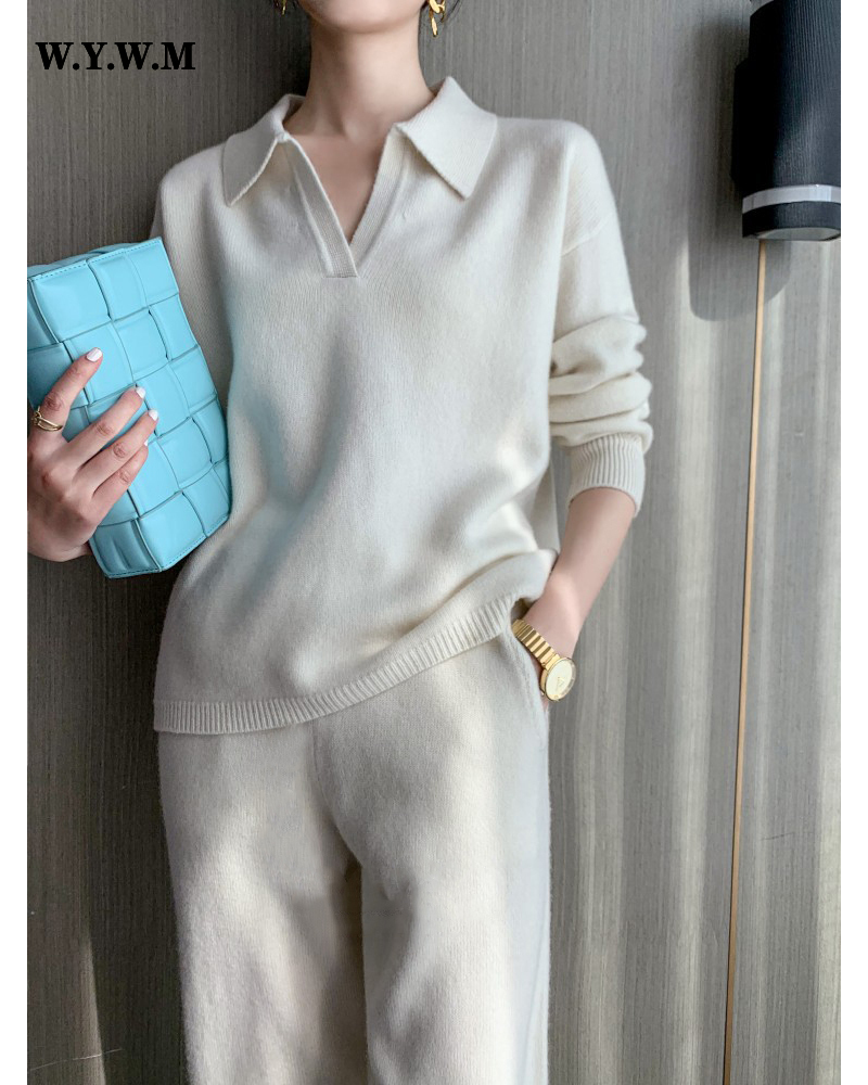Women's Two Piece Pants WYWM Chic Soft Knitted Sweater Pants Suits Women Autumn Winter Casual Fashion Ladies Sets 2 Pieces V-neck Loose Female To