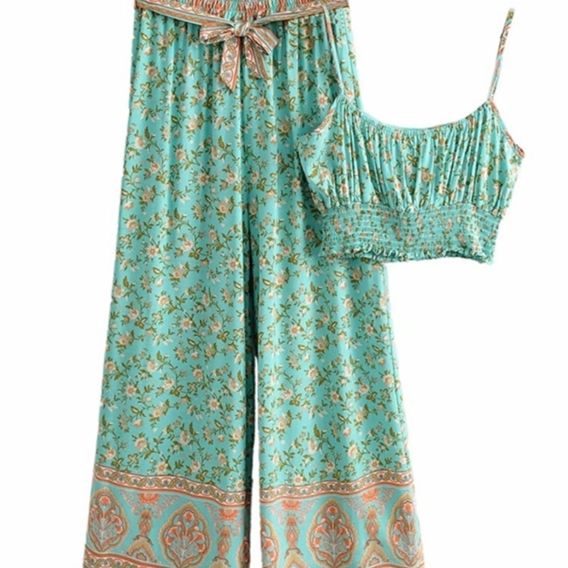 Women's Two Piece Pants Vintage Chic Women Floral Print Outfits Strap Sleeveless Tops Bohemian Suits Drawstring Pants 2 Pieces Rayon Cotton Boho 