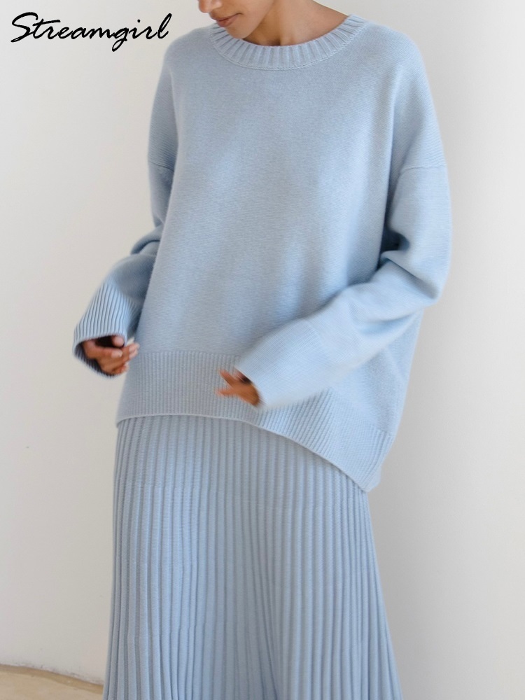 Women's Knits Tees Light Blue Oversized Sweaters For Women Fashion Green Loose Sweater Casual Autumn Pullovers For Winter Women Warm Sweater 2210