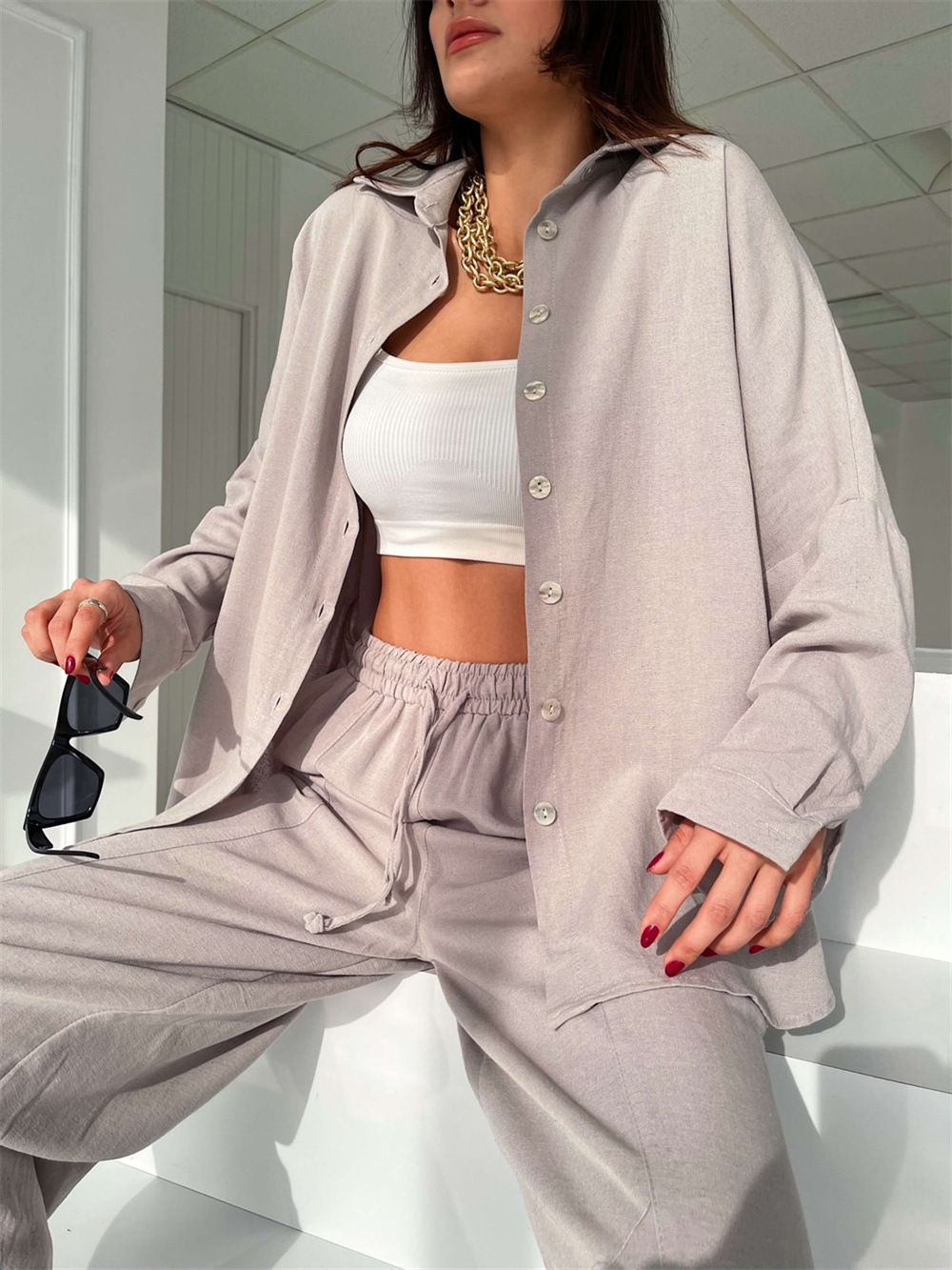 Women's Two Piece Pants spring and summer European and American casual suits solid color lapel long-sleeved shirt top harem pants two-piece set 2