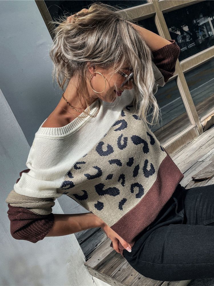 Women's Knits Tees Ladies Leopard Patchwork Autumn Winter Sweater Women Pullover Pull Knitwear Top Full Sleeve Knitted Jumper Women Sweater Femal