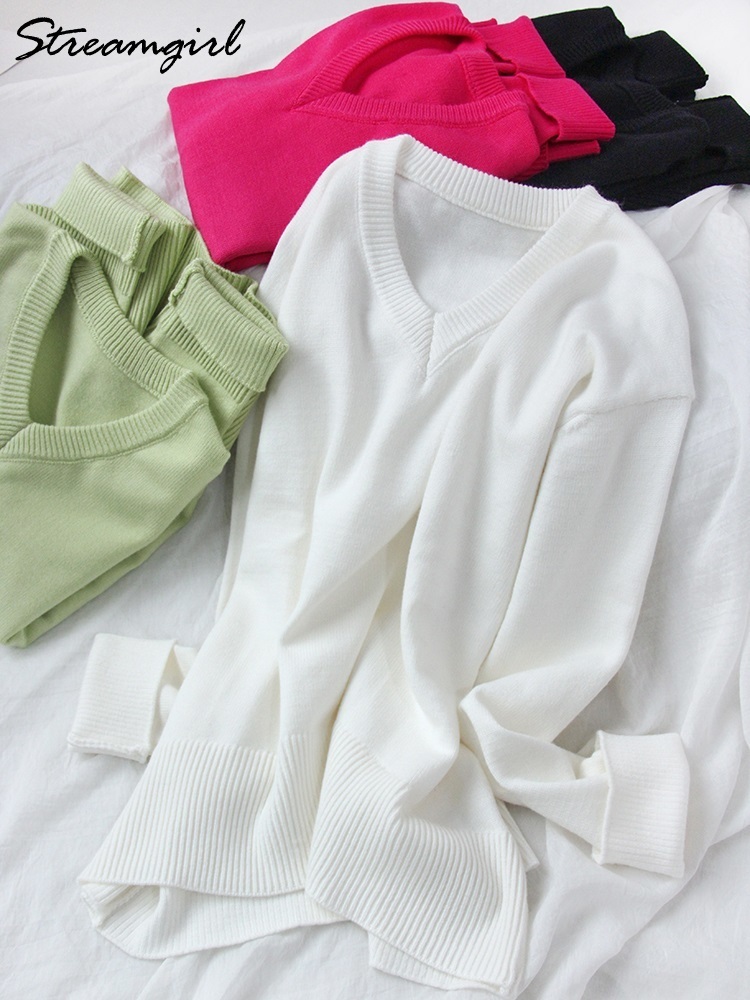 Women's Knits Tees White Women's Sweater Oversize Pullover Winter V Neck Thick Warm Sweaters Womens Pullover Loose Sweaters For Women Autumn