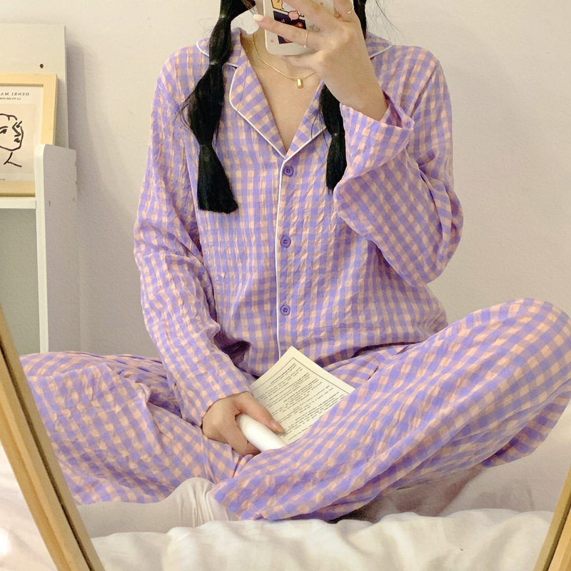 Women's Sleepwear Yasuk Spring Summer Fashion Casual Lovely Plaid Nightgow Retro Pajamas Set With Pants Trouser Year Soft 221007