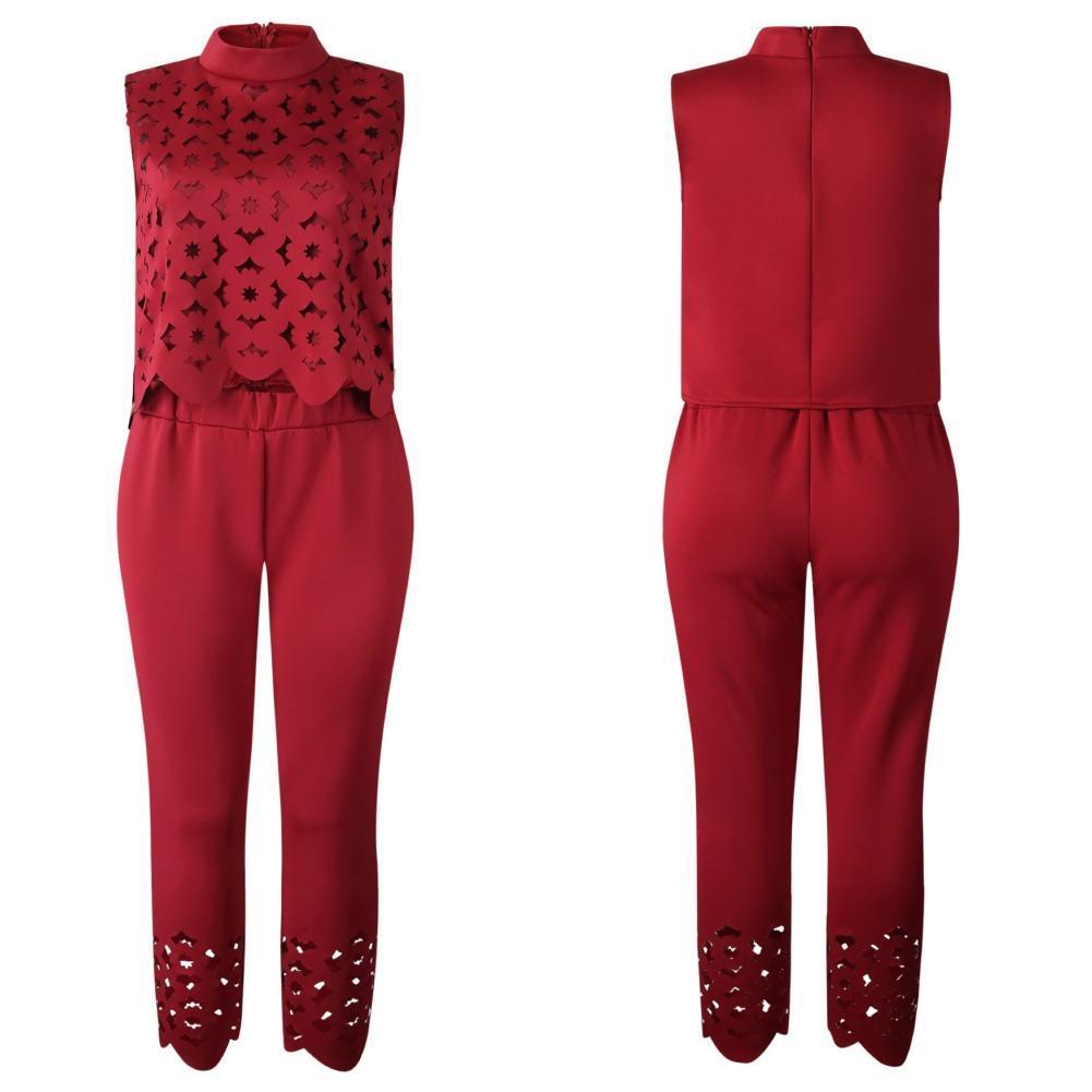Women's Two Piece Pants Solid Color Two Piece Set Women Pant Suits Sexy Hollow Lace Sleeveless Pullovers Crop Top Long Pants Women Outfit Tracksu