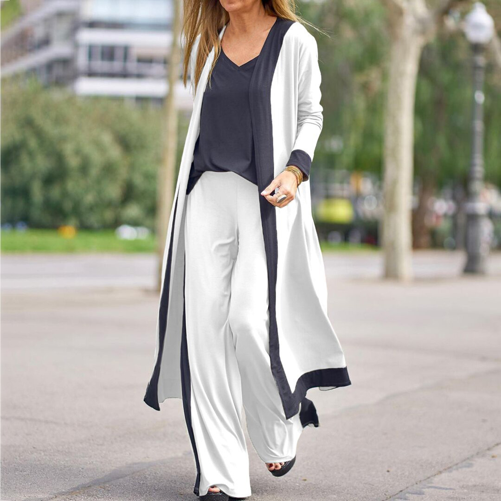Women's Two Piece Pants Autumn Winter 1 Set Stylish Cardigan Coat Sling Top Pants Homewear Set Three-Piece Women Outfit Color Block for Office 22