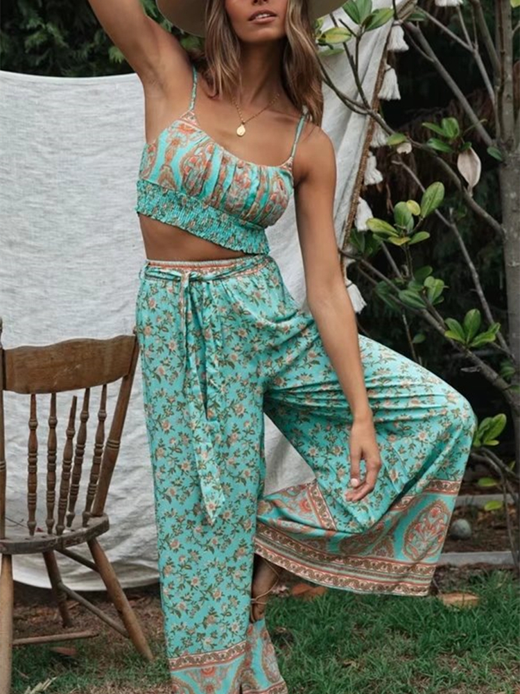 Women's Two Piece Pants Vintage Chic Women Floral Print Outfits Strap Sleeveless Tops Bohemian Suits Drawstring Pants 2 Pieces Rayon Cotton Boho 
