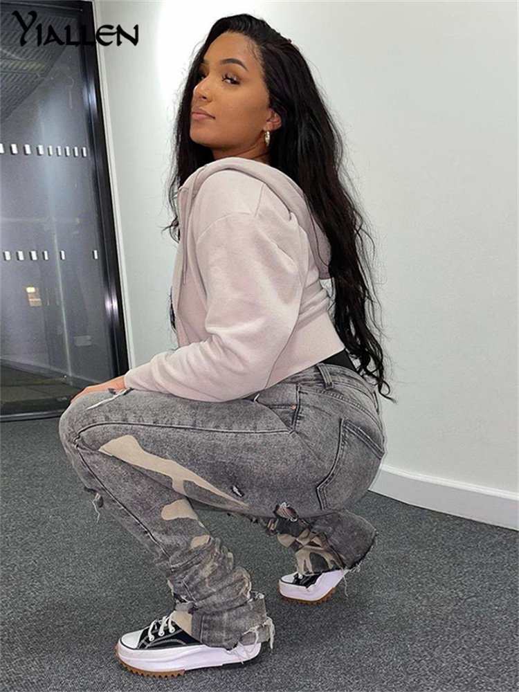 Women's Jeans Yiallen Cotton Hole Trend Y2K Woman Pants Chic Print Stacked Indie Denim Skinny Elastic Slim Casual Streetwear Trousers 221007