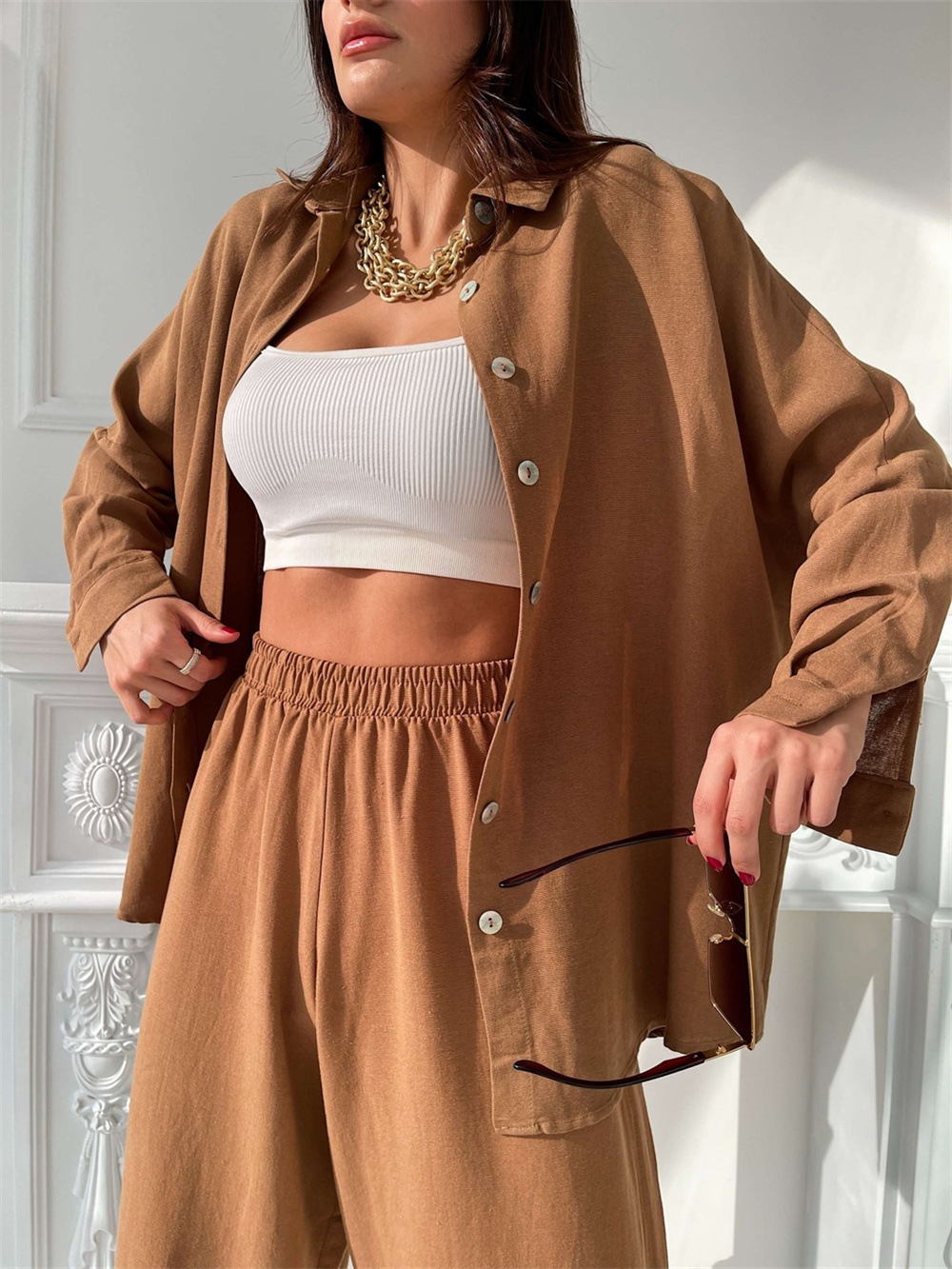 Women's Two Piece Pants spring and summer European and American casual suits solid color lapel long-sleeved shirt top harem pants two-piece set 2