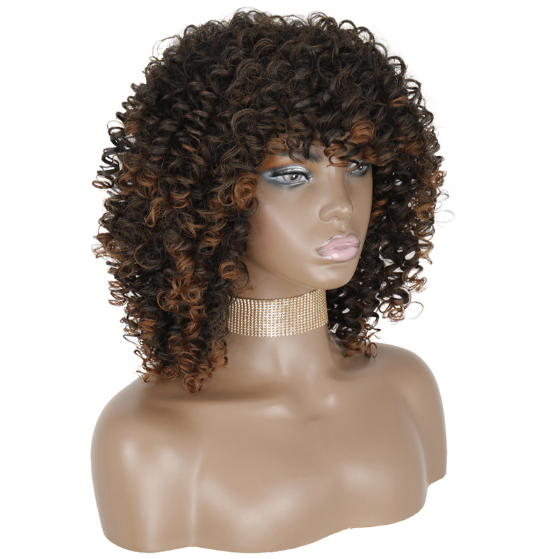 Synthetic Afro Kinky Curly Wigs Short Curly Wig For Women With Bangs Mixed Black and Gray Wig for Black Women