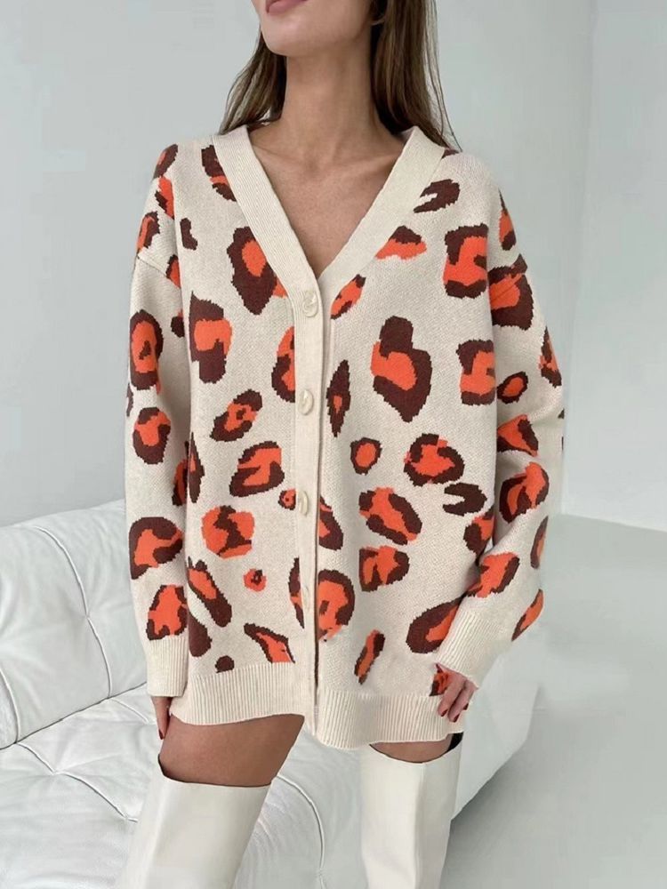 Women's Knits Tees Ladies Vintage Leopard Autumn Winter Sweater Women Cardigan Female Casual Warm Oversize Loose Knitted Jacket Coat Women Sweate