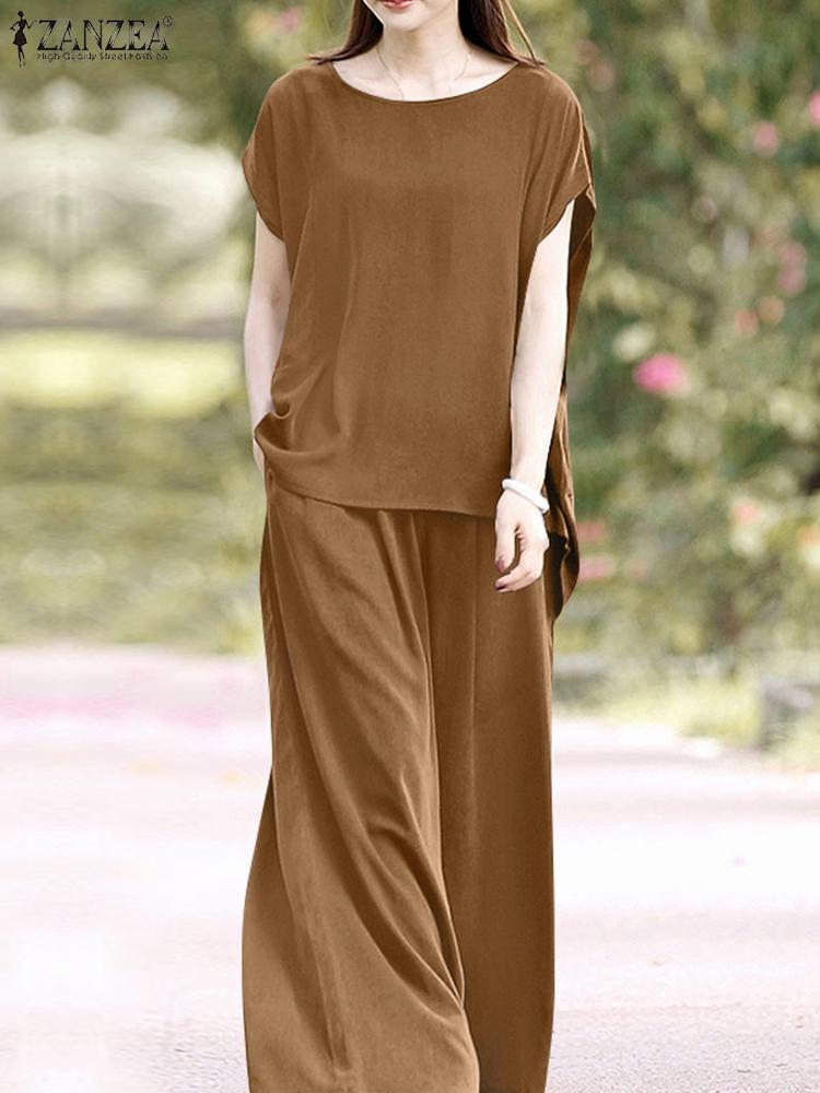 Women's Two Piece Pants ZANZEA Oversized Summer Trousers Suits 2PCS Women Matching Sets Fashion Short Sleeve Blouse Wide Leg Pants Sets Loose Tra
