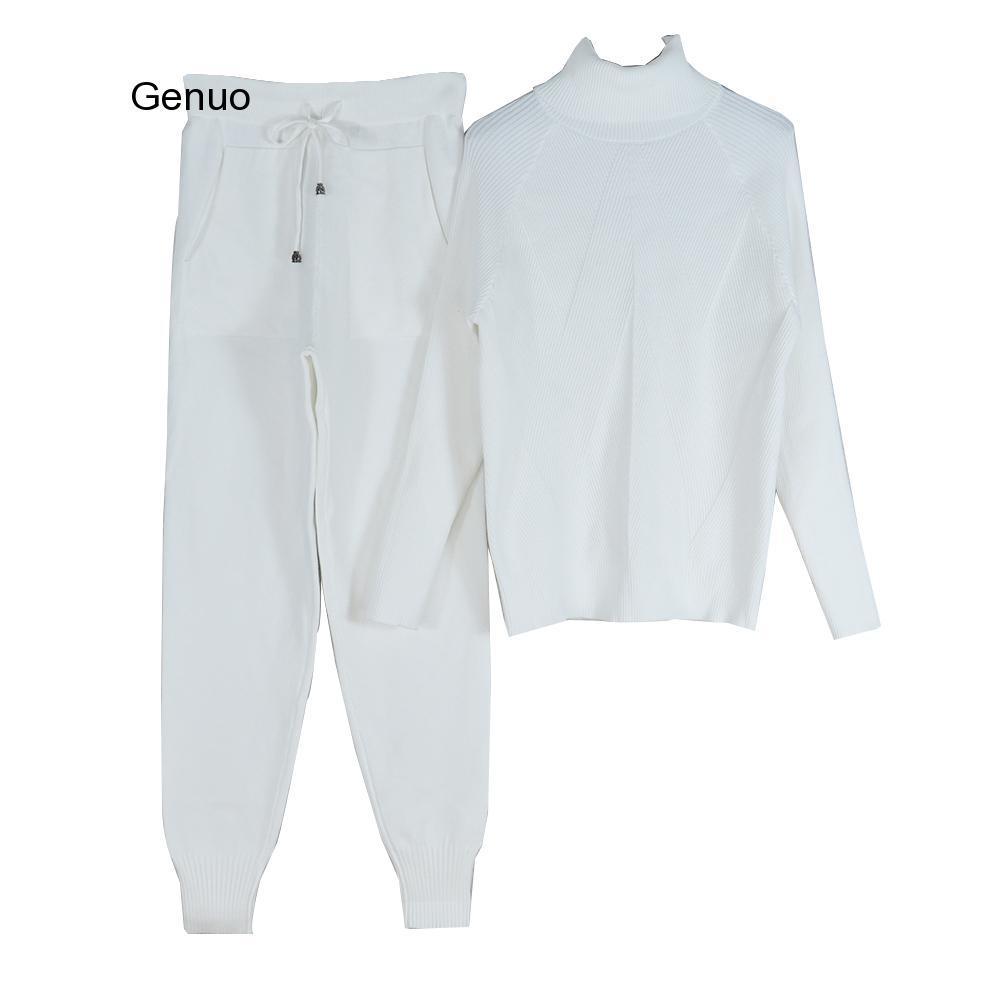 Women's Two Piece Pants Autumn Winter Women's Tracksuit Solid Color Striped Turtleneck Sweater and Elastic Trousers Suits Knitted Two Piece 