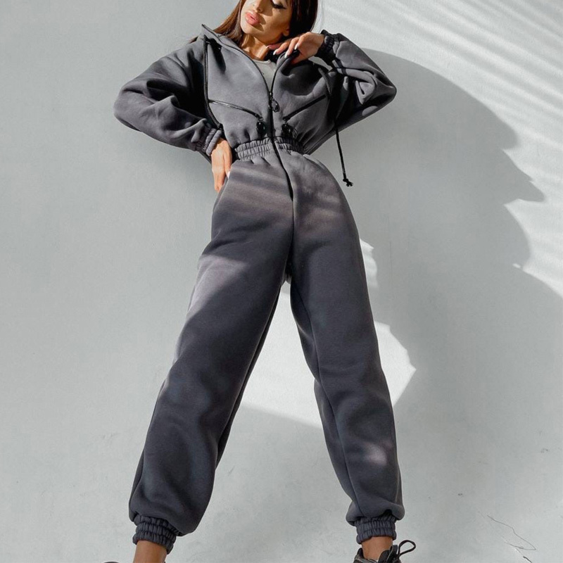 Women's Two Piece Pants Casual Women Basic Hoodie Two Piece Sets Zipper Drawstring Jacket Outerwear And Elastic Pencil Pant Suit Autumn Winter Tr