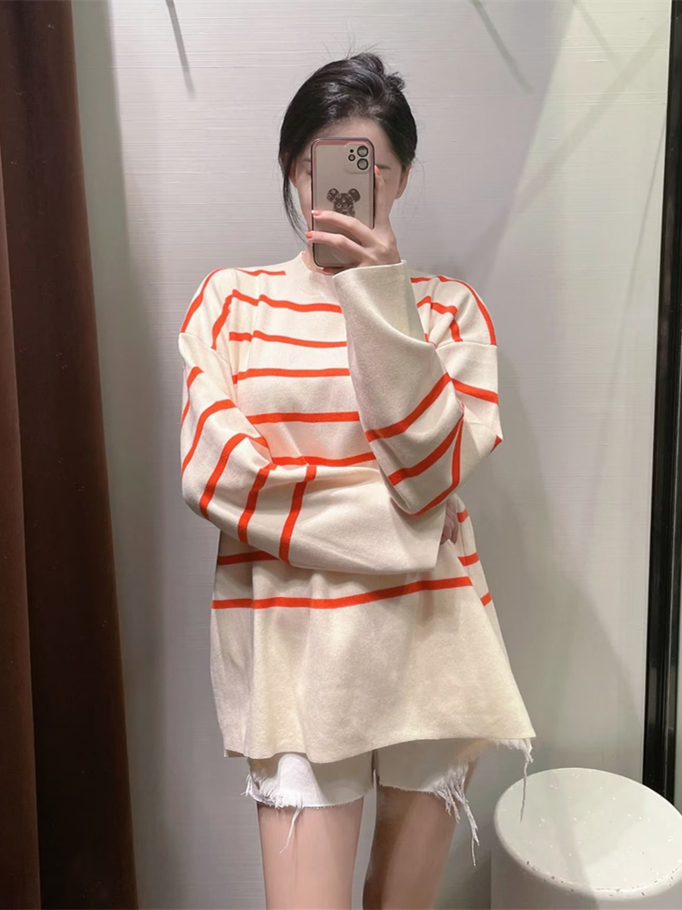 Women's Knits Tees Ladies Autumn Winter Sweater Women Striped Basic Loose Warm Soft Pullover Casual Knitted Jumper Chic Women Sweater Top Female 