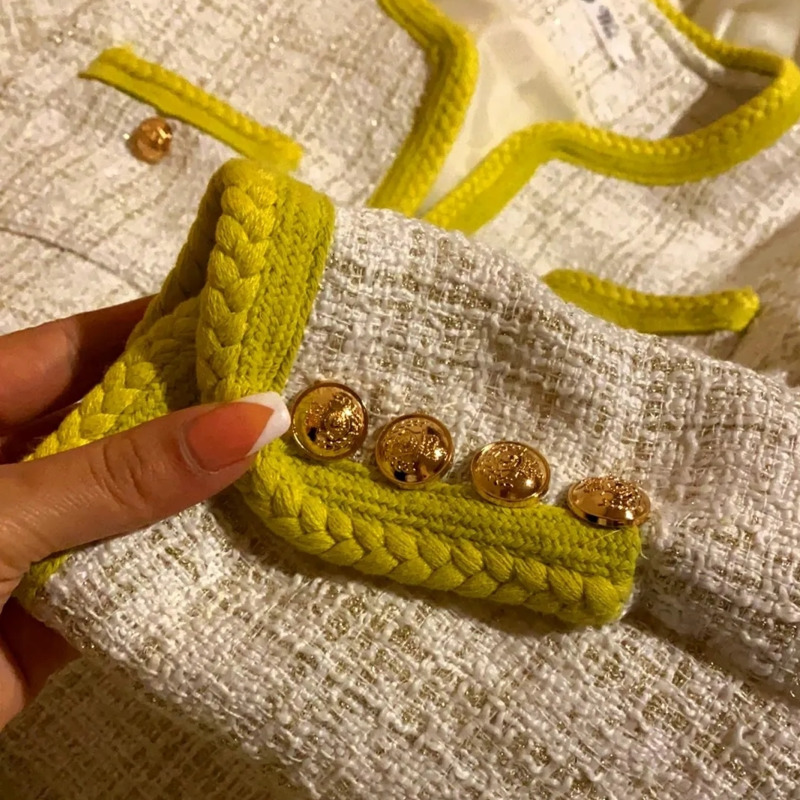 Women's Vintage Tweed Jacket - Yellow Plaid Overcoat With Pockets, Long Sleeve, Spring/Autumn Fashion B2