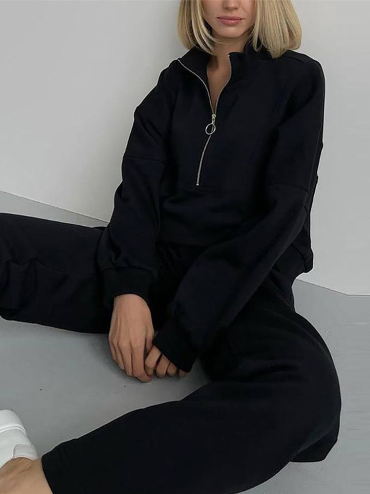 Women's Two Piece Pants Solid Half-Zipper Collar Loose Two-Piece Sets Women Casual Matching Sets Autumn Winter Female Pullovers and Wide-leg Pant