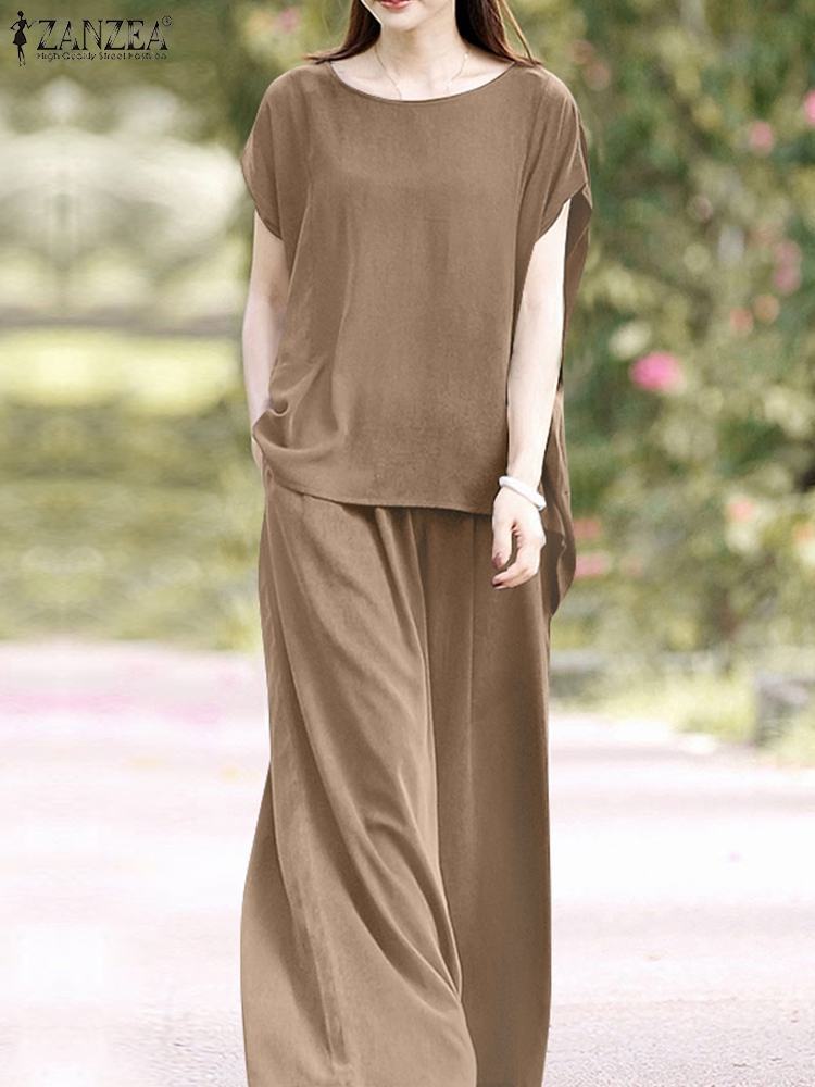 Women's Two Piece Pants ZANZEA Oversized Summer Trousers Suits 2PCS Women Matching Sets Fashion Short Sleeve Blouse Wide Leg Pants Sets Loose Tra