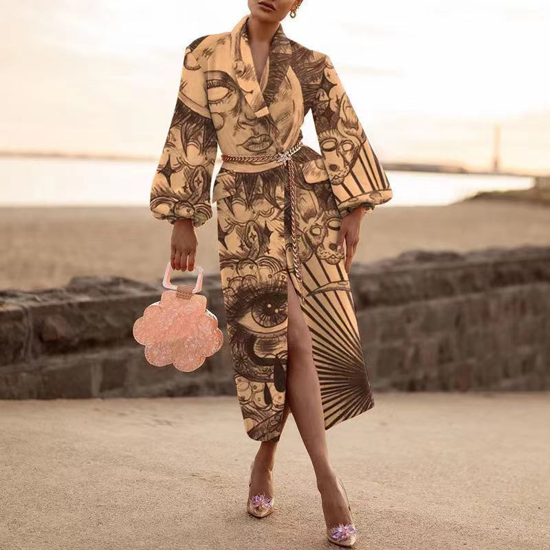 Womens Wool Blends Women Fashion TurnDown Collar Print Woolen Long Coat Vintage Pttern Sleeve Loose Warm Overcoat Lady Outweats 221007