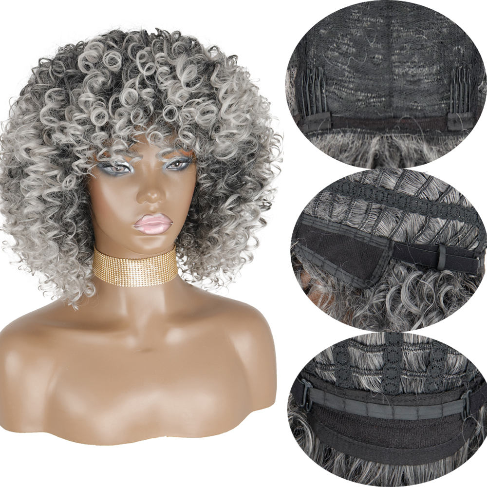 Synthetic Afro Kinky Curly Wigs Short Curly Wig For Women With Bangs Mixed Black and Gray Wig for Black Women