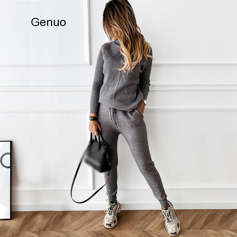 Women's Two Piece Pants Autumn Winter Women's Tracksuit Solid Color Striped Turtleneck Sweater and Elastic Trousers Suits Knitted Two Piece 