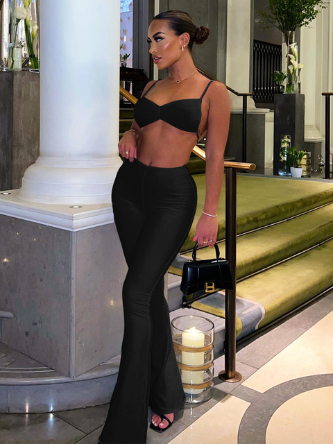 Women's Two Piece Pants Hugcitar Stripe Ribbed Women 2 Piece Set Lace Up Ruched Camis Crop Top Bell Flare Pants Suit Matching Outfits Sportswear 