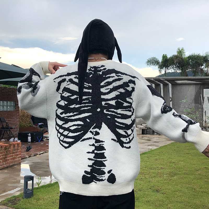 Sweaters Men Oversized Black Loose Skeleton Bone Print Women Vintage Retro Knitted 2021 Autumn Cotton Pullover Unisex Y2210