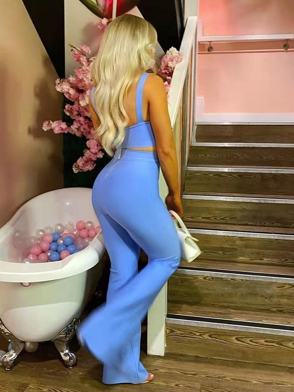 Women's Two Piece Pants Summer Women's Fashion Sexy Bandage 2 Two-piece Set Sleeveless Tight Short Top High Waist Flared Trousers Pants Set 