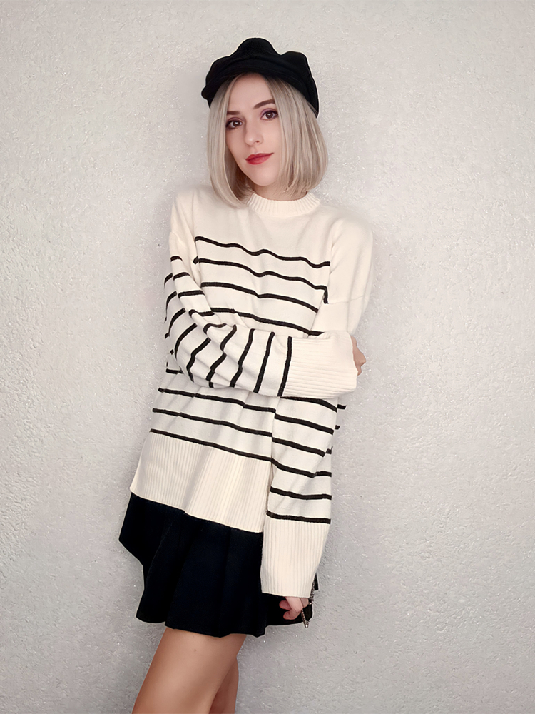 Women's Knits Tees Ladies Oversize Loose Autumn Winter Sweater Women Striped Warm Casual Knit Basic Chic Jumper Pullover Women Sweater Top Female