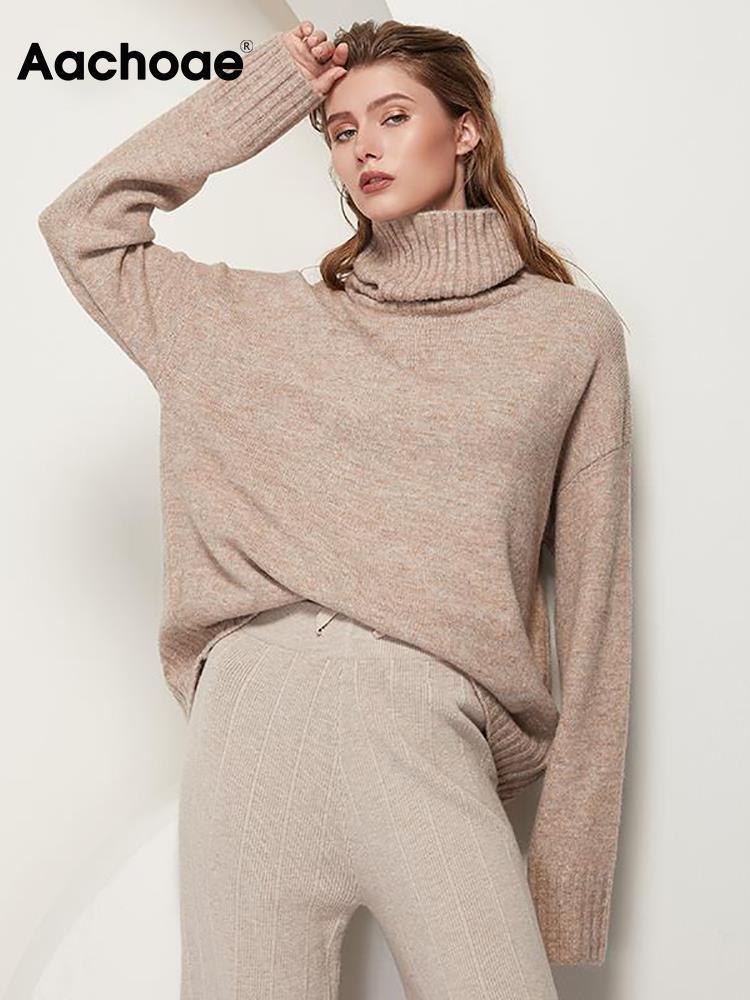 Women's Knits Tees Aachoae Autumn Winter Women Knitted Turtleneck Wool Sweaters Casual Basic Pullover Jumper Batwing Long Sleeve Loose Tops 22100