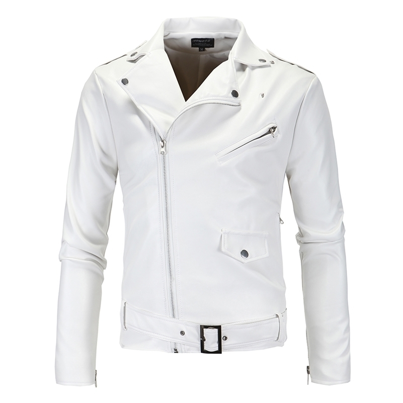Men's Leather Faux Slim White Jackets Oblique Zipper Motorcycle Outwear Moto Biker PU Coats Size 4XL 221007