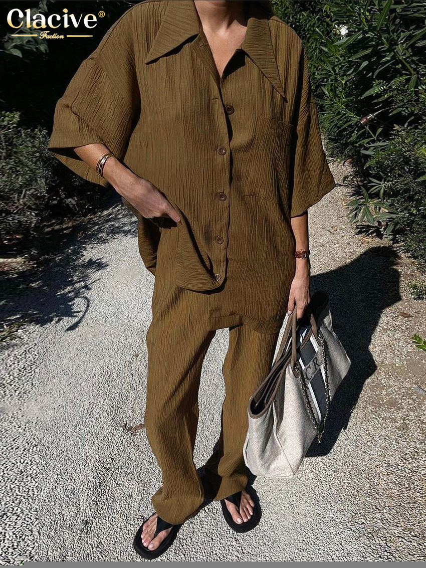 Women's Two Piece Pants Clacive Causal Loose Trouser Suits Autumn Short Sleeve Blouse With High Wasit Pants Set Women Elegant Brown 2 Piece Pants