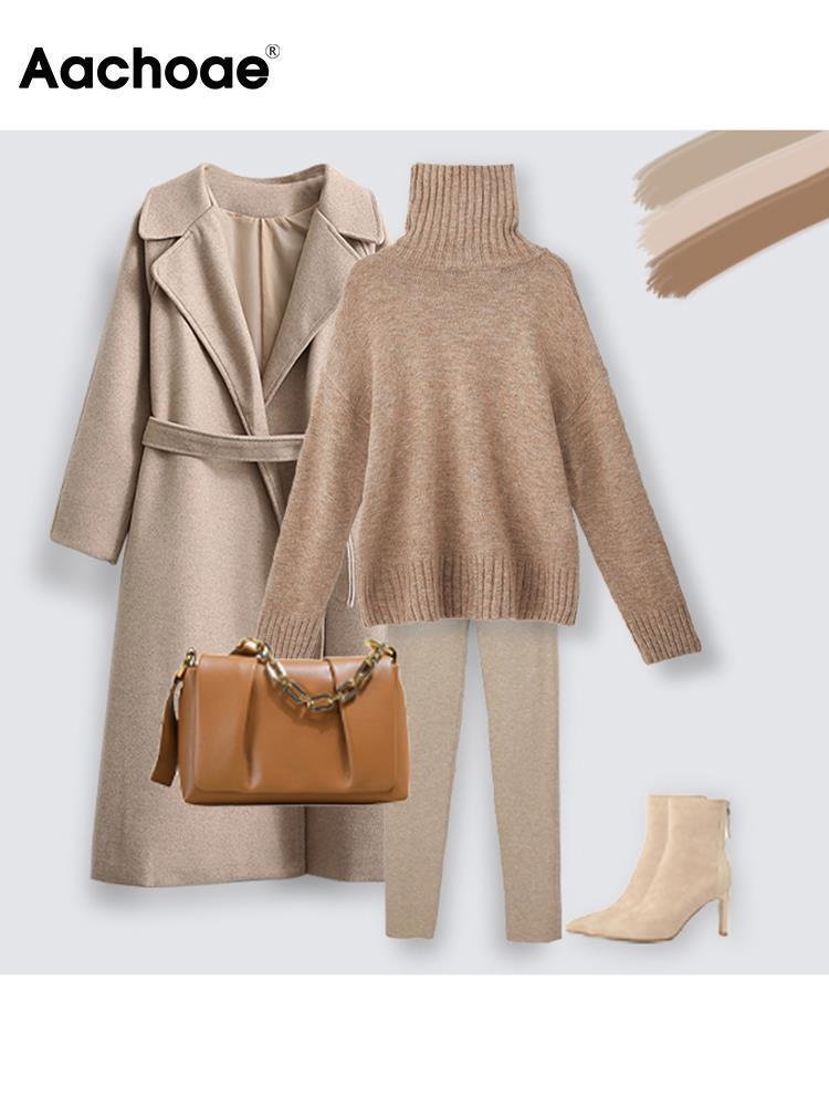 Women's Knits Tees Aachoae Autumn Winter Women Knitted Turtleneck Wool Sweaters Casual Basic Pullover Jumper Batwing Long Sleeve Loose Tops 22100