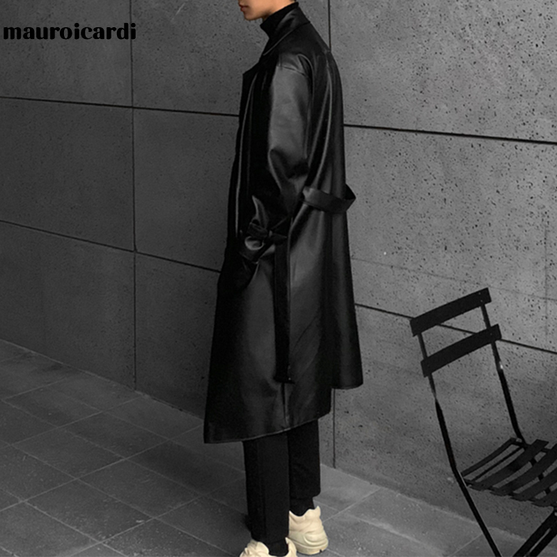 Men's Leather Faux Mauroicardi Spring Autumn Long Black Oversized Trench Coat Drop Shoulder Belt Coats for 221007