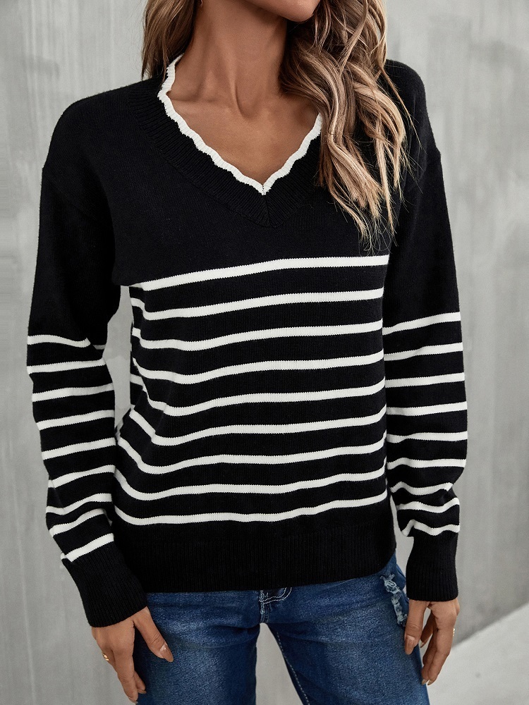 Women's Knits Tees Ladies Autumn Winter Sweater Women Striped Loose V Neck Warm Soft Pullover Casual Knitted Jumper Chic Women Sweater Top Female
