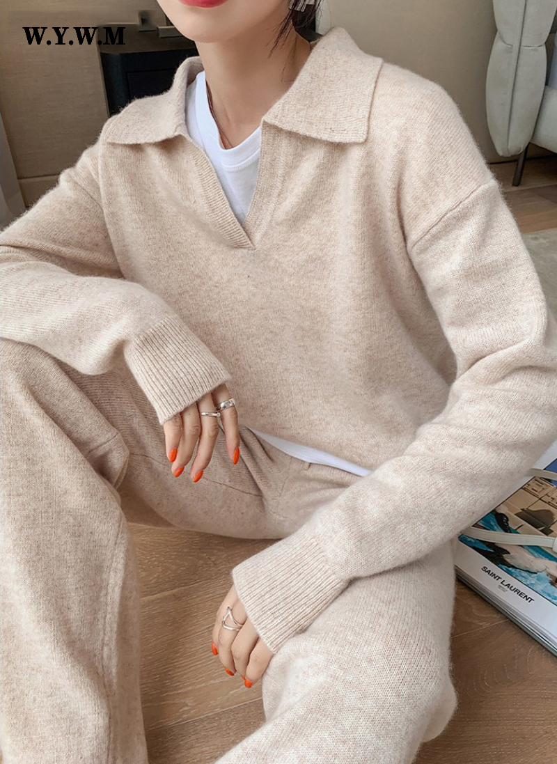 Women's Two Piece Pants WYWM Chic Soft Knitted Sweater Pants Suits Women Autumn Winter Casual Fashion Ladies Sets 2 Pieces V-neck Loose Female To
