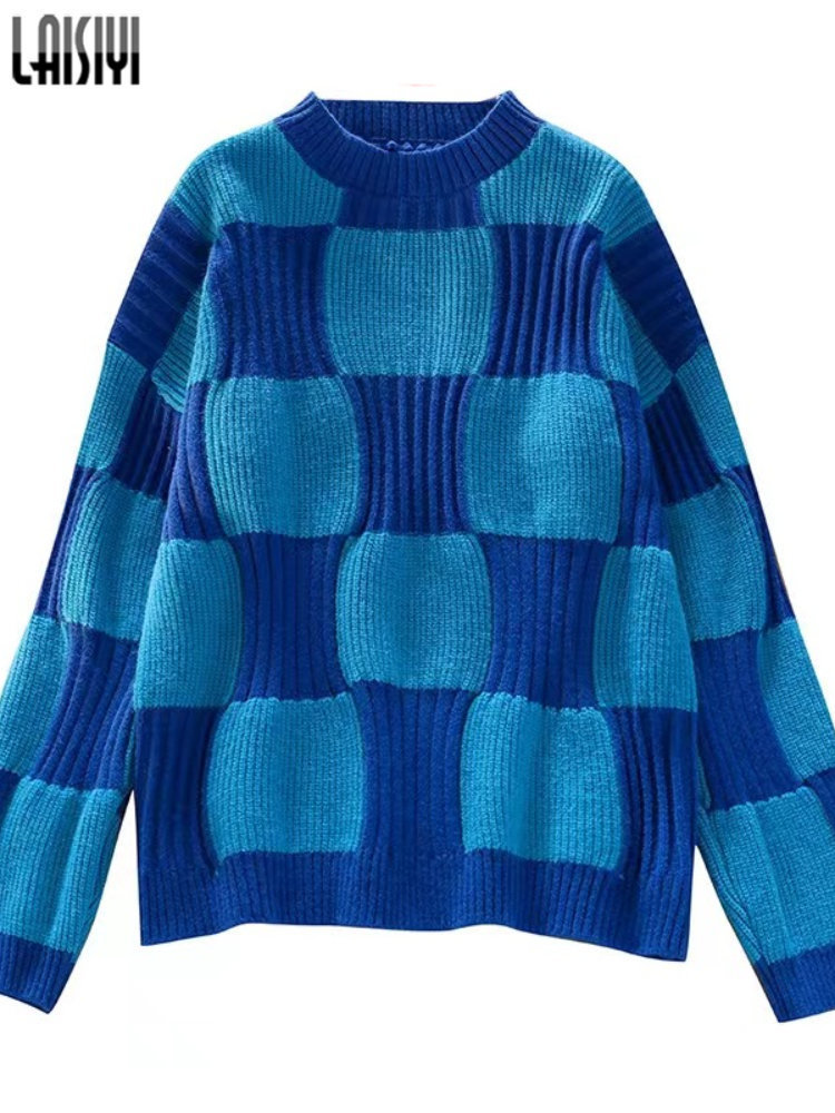 Women's Sweaters LAISIYI Thick Women Pullovers Y2k Clothes Autumn Winter Checkerboard Loose Long Sleeve Knitted Sweater Jumpers ladies 221007