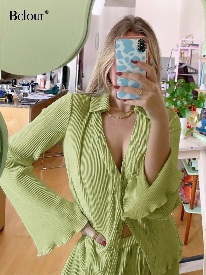 Women's Two Piece Pants Bclout Autumn Green Pants Suits Woman Flare Sleeve Fashion Loose Shirts Pleated Pants Set Two Pieces Fashion Womens Outfi