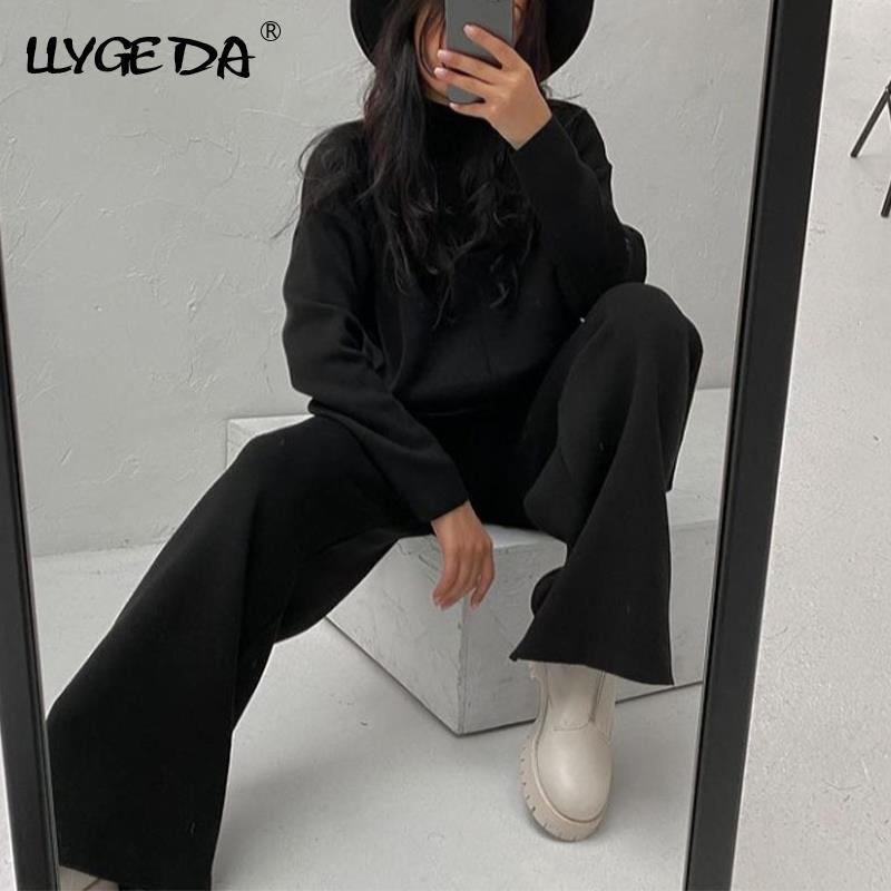 Women's Two Piece Pants Knitted Women's Trousers Suit Two Piece Set Green Winter Loose Long Sleeve Knitwear Flare Pants Sets Female Casual S