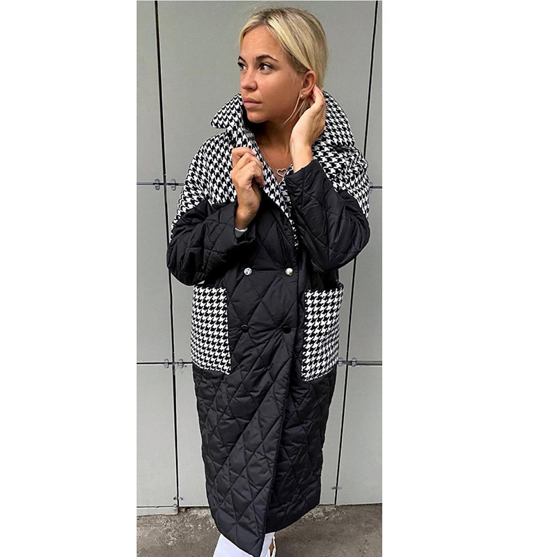Women's Down Parkas Malina Turn Down Collar Parkas Women Fashion Patchwork Houndstooth Coats Women Elegant Loose Long Cotton Jacket Female Ladies