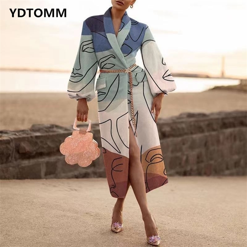 Womens Wool Blends Women Fashion TurnDown Collar Print Woolen Long Coat Vintage Pttern Sleeve Loose Warm Overcoat Lady Outweats 221007