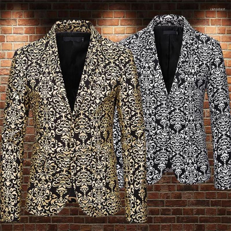 Men' Suits Printing Men Blazer Bronzing Masculino Slim Fit Coats Mens Jacket Two Buckle Floral Gold And Silver Finishes Clothes B461
Men' Suits Printing Men Blazer Bronzing Masculino Slim Fit Coats Mens Jacket Two Buckle Floral Gold And Silver Finishes Clothes B461
